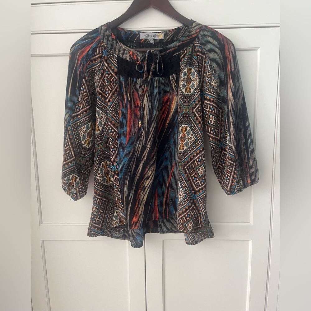 Figueroa & Flower Anthropology Top Womens Sz.S petite Boho Aztec 3/4 sleeves